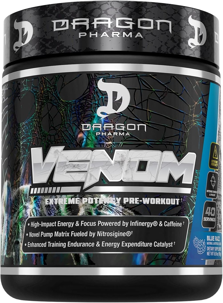 DRAGON PHARMA Venom Extreme Potency Pre- Workout, Laser Sharp Focus + Energy, Intenzivní výkon, Proven Ingredients for Enhanced Vasodilation & Endurance (40 Služeb, modrá Raspberry)
