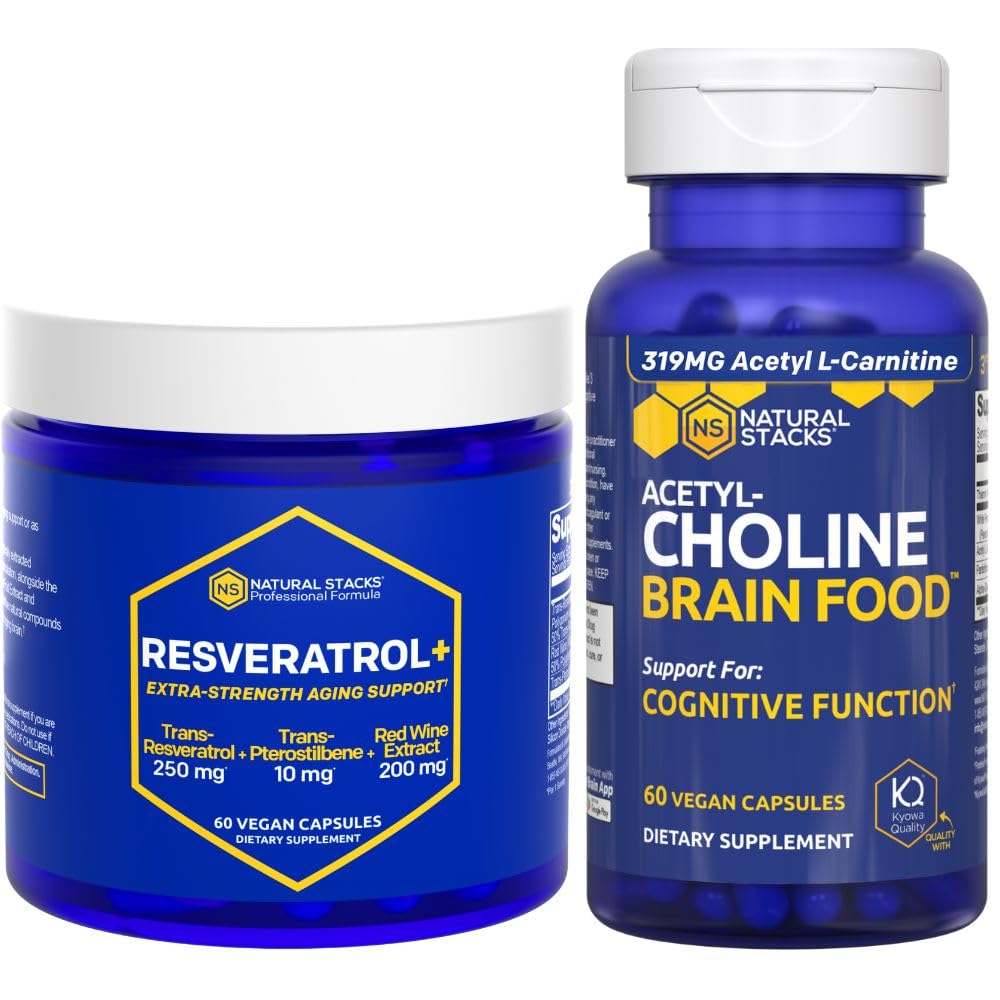 NATURAL STACKS Acetylcholin Brain Food + Resveratrol Supplement Bundle - Podporuje kognitivní funkce a stárnutí mozku * - 120 Celkem Kapsle