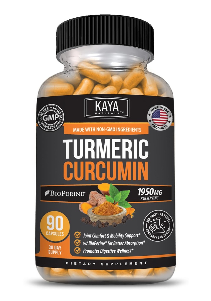 Kaya Naturals Turmeric Platinum, 60 Hrací kapsle, Bioperin, Premium Podpora s 95% standardizované kurkuminoidy - 60 Kapsle