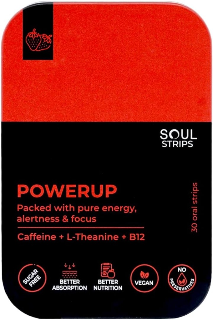 Soul Strips Power Up - Cvičení + Energy Oral Strips s kofeinem, L- Theanin, Vitamin B12, Jahodová Flavor, Vylepšení metabolismu, Rychlé Absorb, Denní použití, Nulový cukr, Vegan, 30 Strips Pack