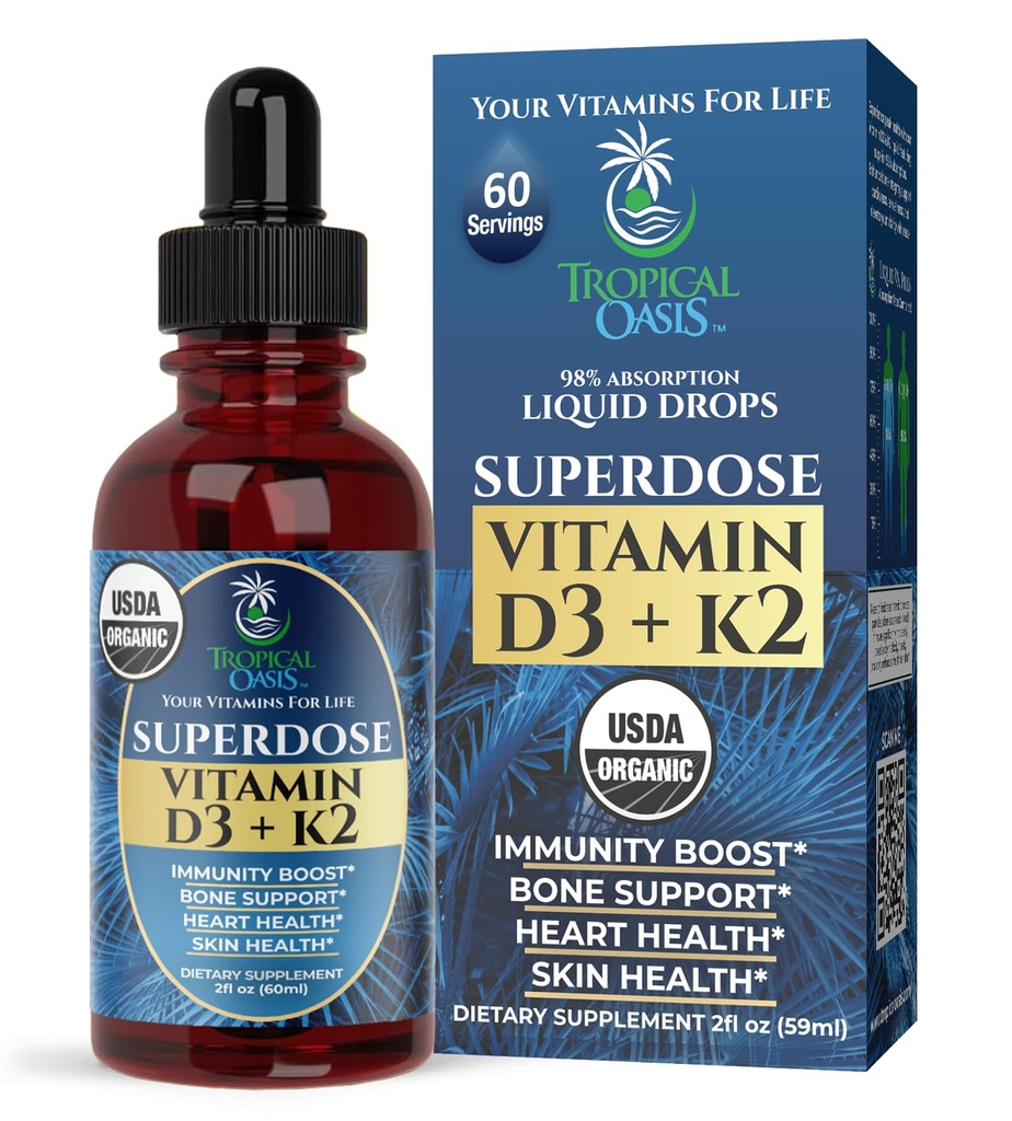 USDA Organic Liquid Vitamin D3 K2 Kapky pro dospělé 124; Superdávka 8000IU čistý vitamin D3 FLAVI124; 60 Serv FLAVI124; Vitamin D K2 dodatek pro imunitní podporu a zdraví kostí 124; 98% Absorpce FLAVI124; Vegan, Non- GMO FLAVI124; 2 Fl Oz