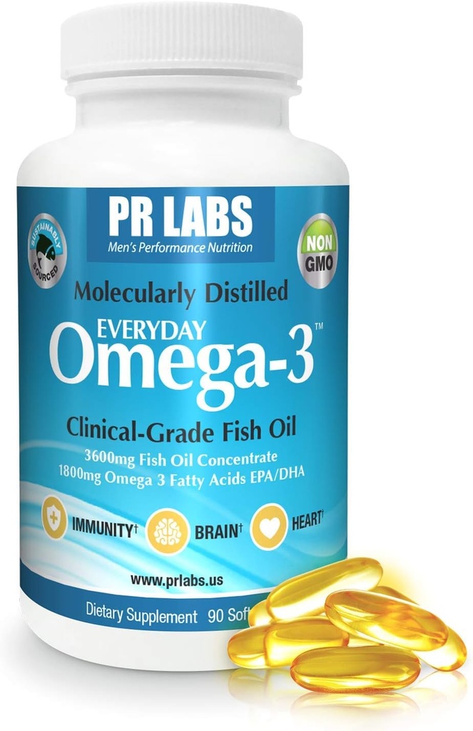 PR Labs - Každý den Omega-3 Příplatek pro muže - Promotes Heart, Brain, Imunity and Joint Support - Udržitelně sourced and Molecally Distilled - 1800mg EPA a DHA - 1 balení