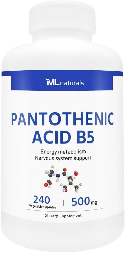 ML Naturals Pantotenová kyselina B5 240 Zeleninové kapsle. Energetický metabolismus, podpora nervového systému, NSF- Certified & cGMP- Compliant