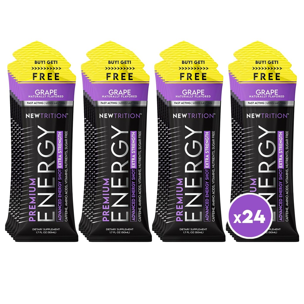 NewTrition ® Extra Energy Shots, 250mg Caffeine Energy Shots with Vitamin B & Amino Acids, Sugar- Free Vitamin Energy Shot, 1.7 fl oz (Balení 24, Grape)