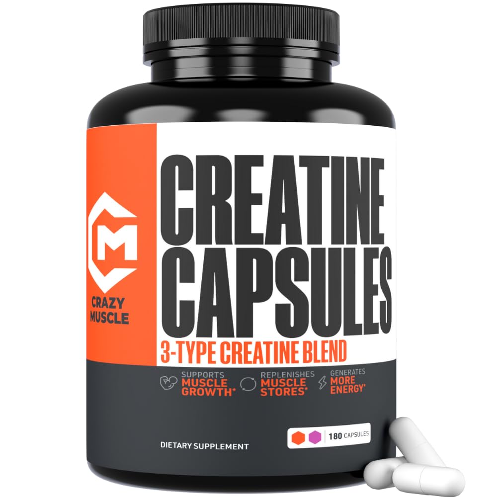 Kreatinové kapsle, 5g Premium 3X ThreeAtine Pre Workout Bulk Muscle Mass Gainer, High Absorption Easy to Take Creatin Monohydrát pilulky Alternativní optimální výkon pro ženy, 180 Kapsle