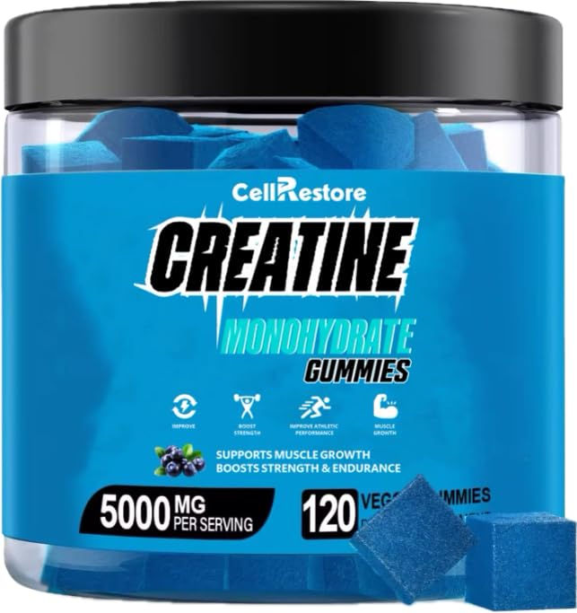 Creatine Monohydrát Gummie pro muže & Women- 5g Creatine Monohydrát per Servíru- Nápověda zvýšit sílu a budovat svalstvo, Bez cukru, Vegan, Blueberry Flavor, 120 Počet