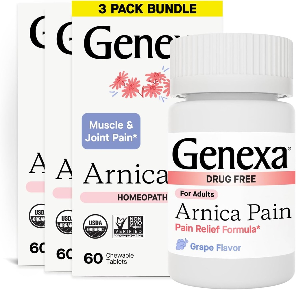 Genexa Arnica Tablety pro úlevu od bolesti Formule 124; Zmírnění svalů a kloubů Bolest, bolestivost, & Stiffness 124; Delicious Organic Grape Flavor 124; Homeopatické Remedy Made čisté 124; 300 Žvýkací tablety (3 balení)
