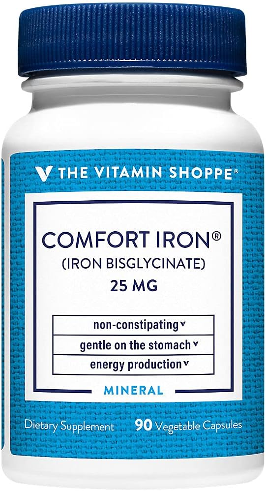 Vitamin Shoppe Comfort Iron 25MG, Klinicky studoval Iron Bisglycinate, Energy Production & Imunitation Supplement, Gentle & Non- Constipating Dodatek (90 Veggie Kapsle)