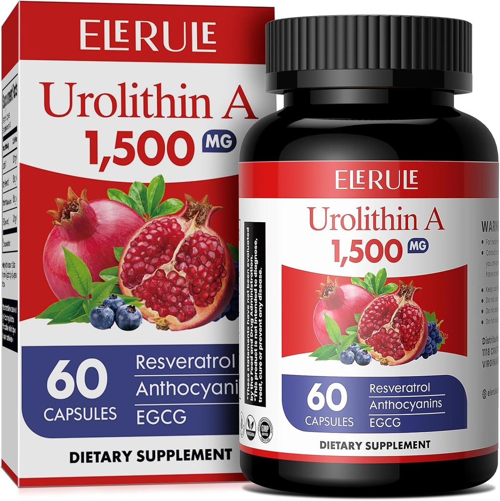 Urolithin A dodatek 1000 mg Plus Trans- Resveratrol, Anthocyaniny, Zelený čaj, Podpora zdravého stárnutí, Podporuje celulární a energie pro muže a ženy, 60 Kapsle