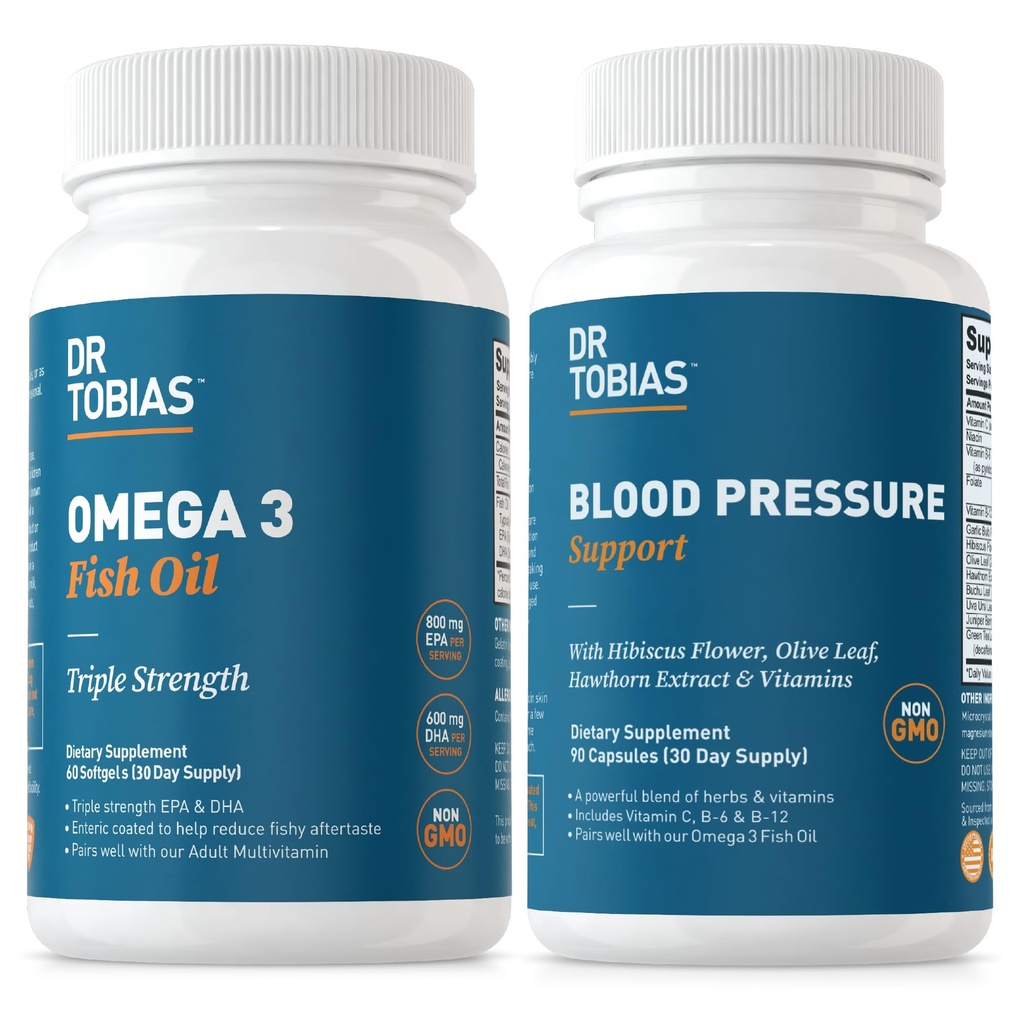 Dr. Tobias Omega 3 Rybí olej a krevní tlak Supplements for Heart, Brain, Imunity, Circulatory Health, with Vitamin C, B6, B12, Niacin, Folát & Byliny