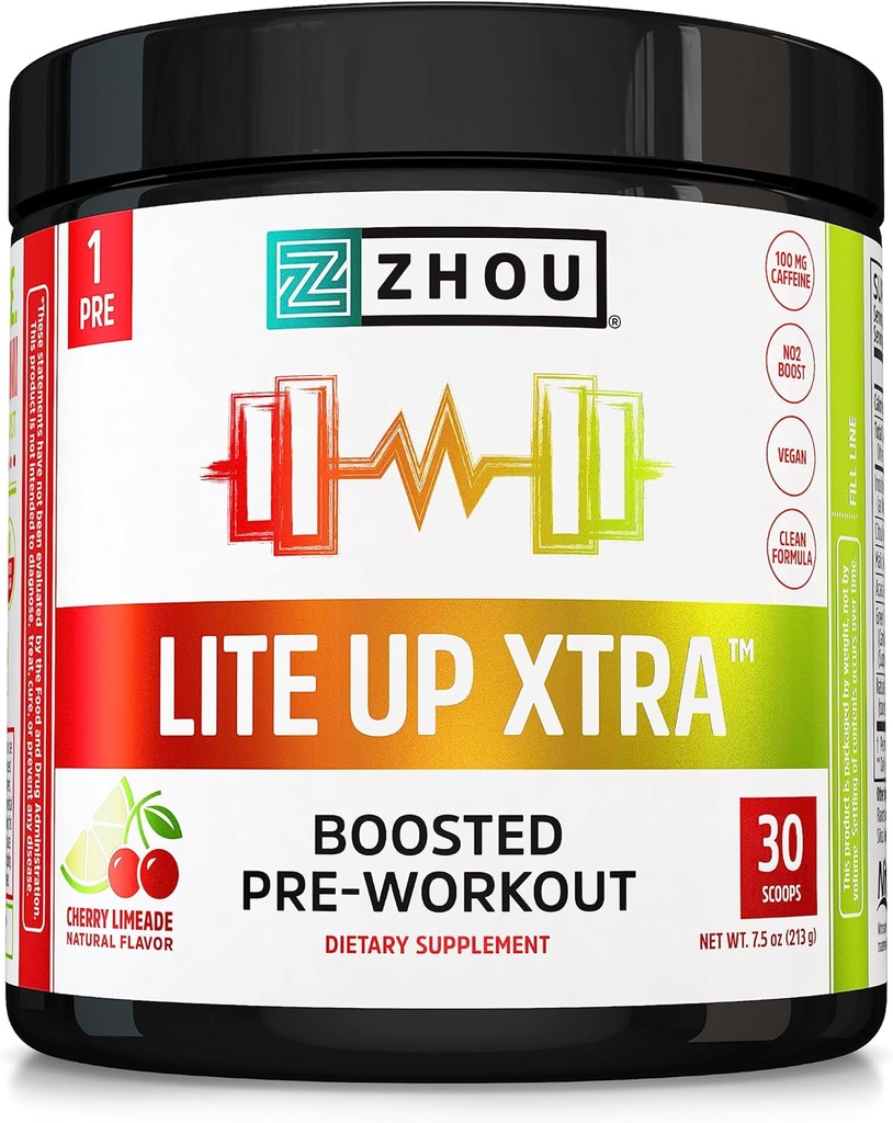 Zhou Lite Up Xtra - Sugar Free Pre Workout Powder for Women & Men, Příplatek k předcvičení s kofeinem pro čistou energii, Podpora aminokyselin, Hydrate & Focus, Plant Based - 30 Scoops