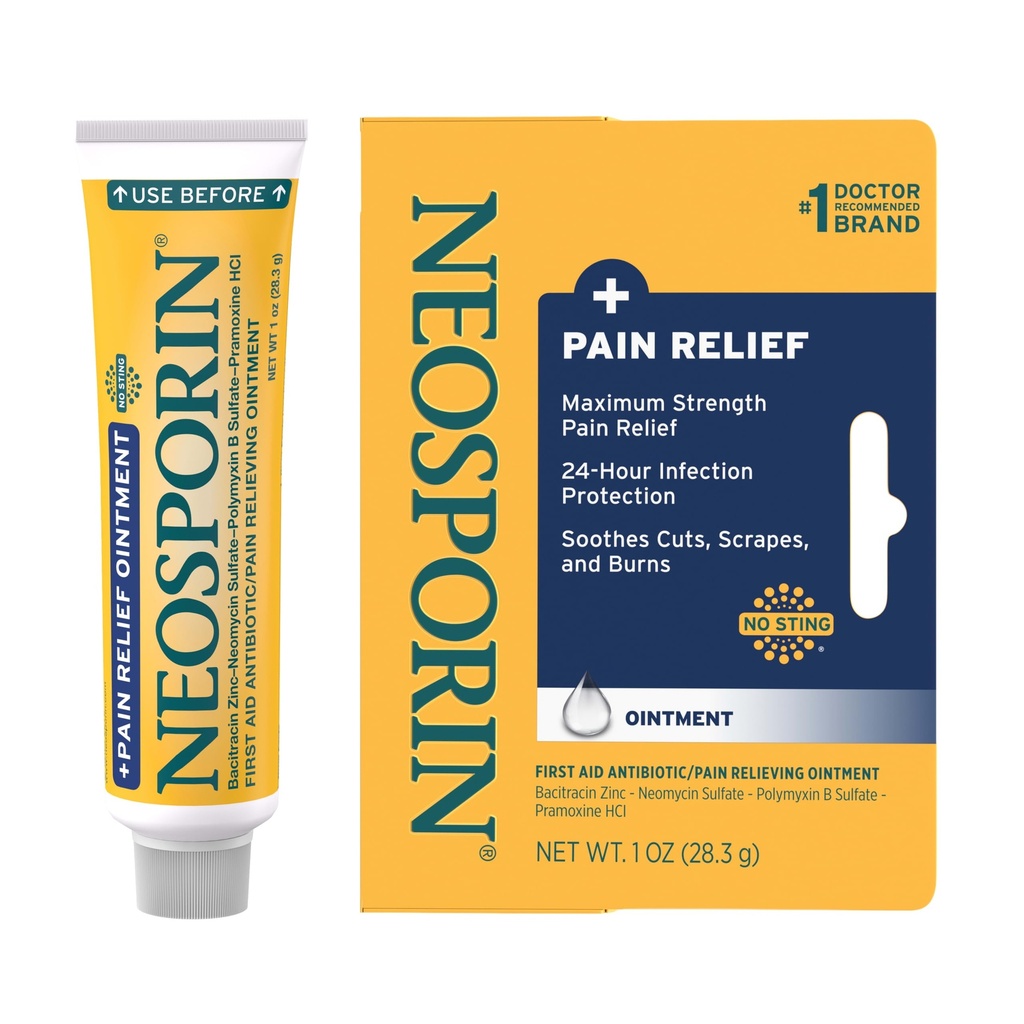 Neosporin + Maximum - Síla Triple Antibiotic Ointment with Pain Relief, Dual Aid First Aid Wound Care, No- Sting Formule s Pramoxin HCl, Bacitracin Zinek, 1 oz Single Tube