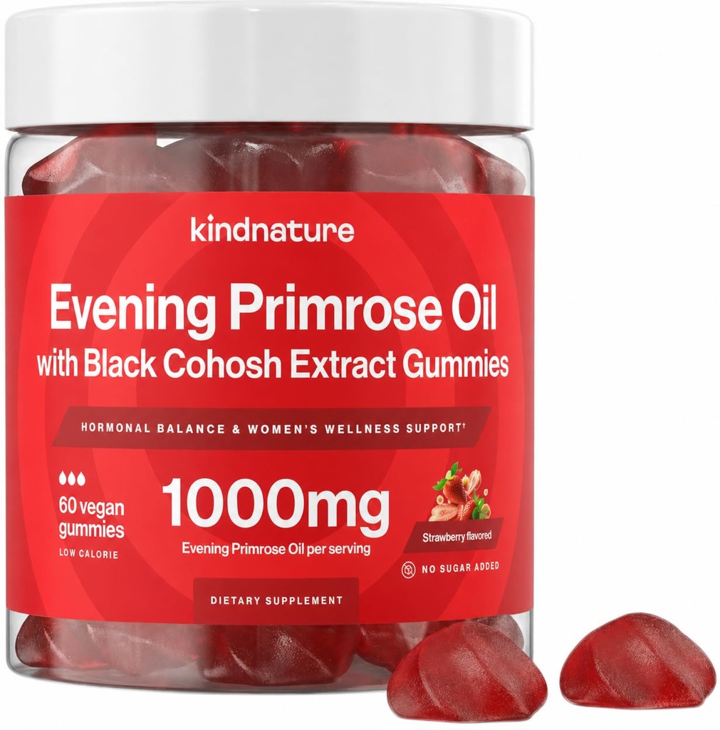 Kindnature Evening Primrose Oil Gummies for Women - 1000mg with Black Cohosh Extract - Hormonal Balance, PMS & Menopause Support - Vegan, Sugar- Free, Non-GMO