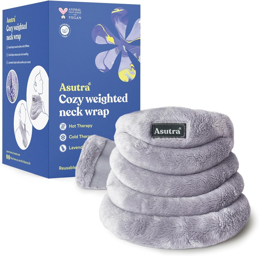 ASUTRA vážená náplň na krk, Plush Gray - Hands- Free Microwaveable Toping Pad for Neck and Shoulders, Hot and Cold Compress, Lavender Aromaterapie