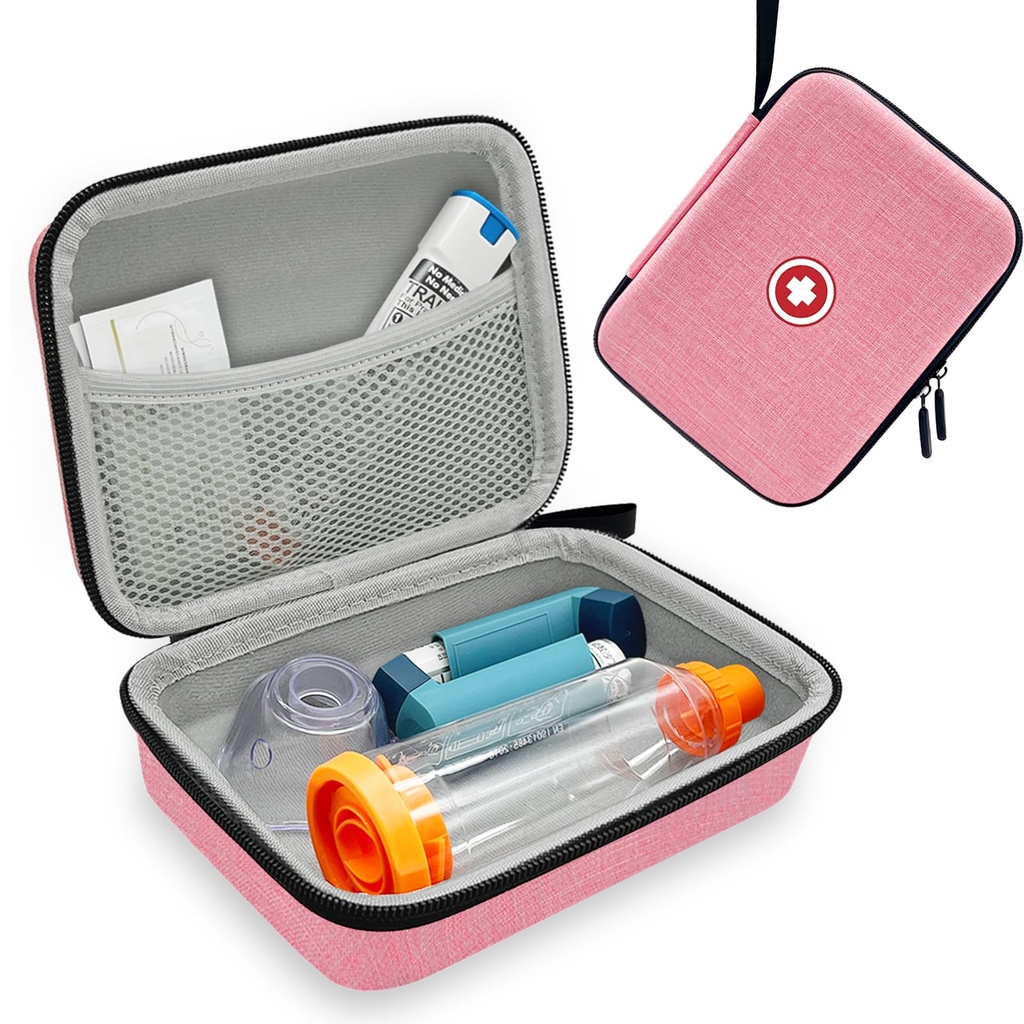Hard Inhaler Spacer Case pro děti a dospělé, Asthma Inhaler Case s Mesh Pocket for Medicine and Other Compensions, Pink (Pouze pro tašky)