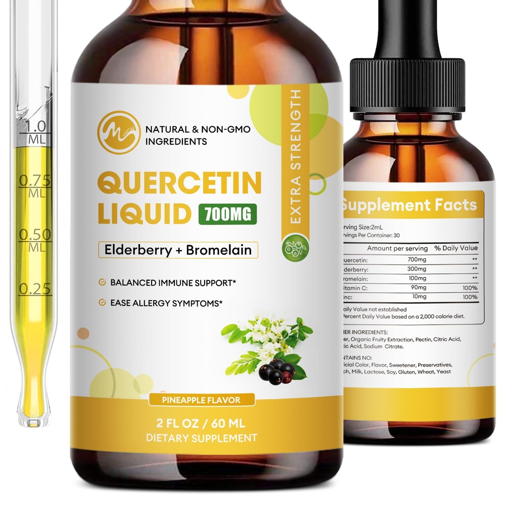 Quercetin Liquid Drops - Quercetin doplňky 700mg - 4X Silnější než pilulky & kapsle - 5 v 1 Quercetin s Bromelain Elderberry Vitamin pro imunitu Zdraví Respirační Kůže Care- 2 Fl Oz