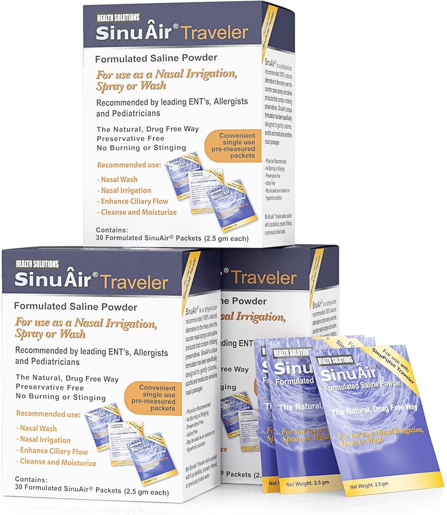 SinuAir 2.5 Gram Slinné balíčky - Chlorid sodný s draslíkem a vápníkem, Solný roztok Balení pro Nasal zavlažovací stroj, 90 Packets