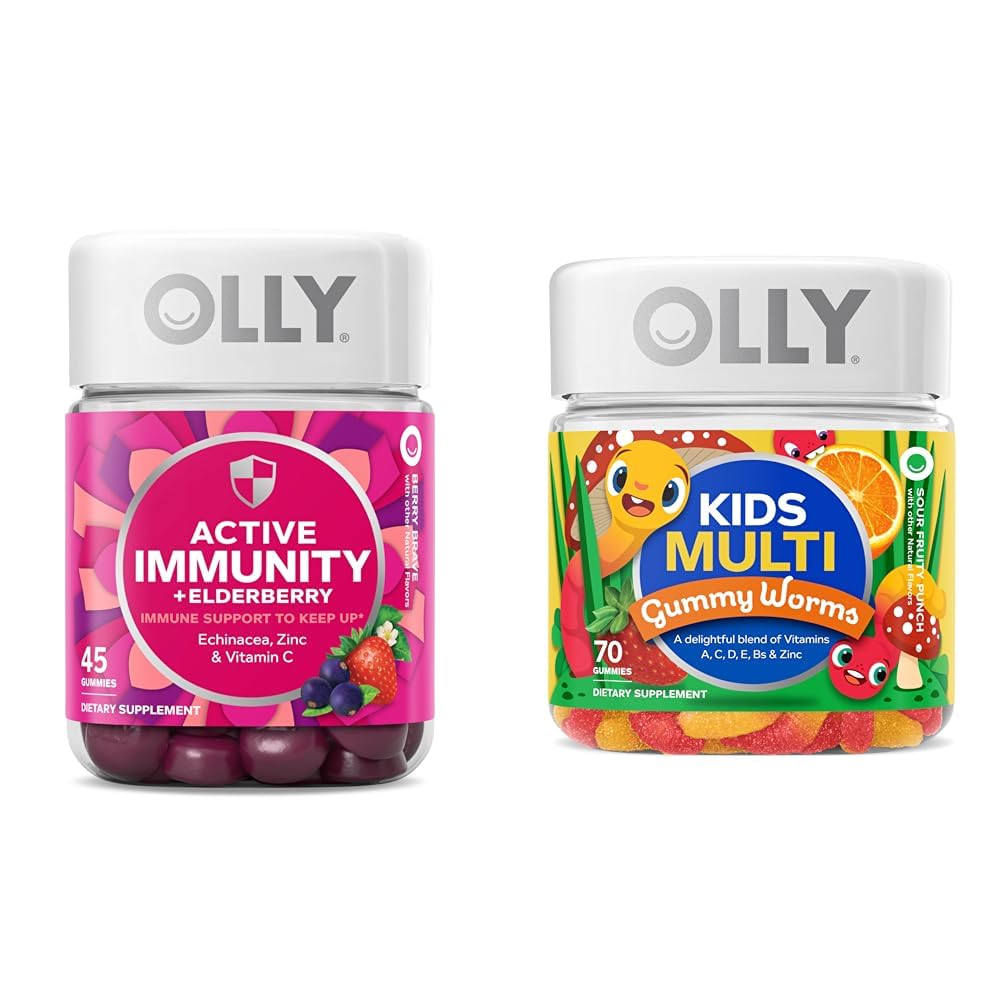 OLLY Gummy Active Imunity + Elderberry 45 Gummies & Kids Multivitamin Gummy Worms 70 Count