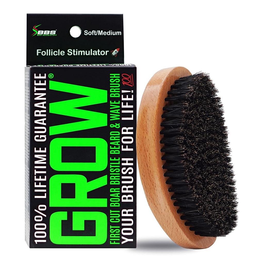 GROW Boar Bristle Beard Brush & 360 Wave Brush for Men - Beard and Mustache Growth Brush - Beard Brush for Men & Follicle Stimulator - Exfoliate, Detangle & Boost Circulation - USA Made