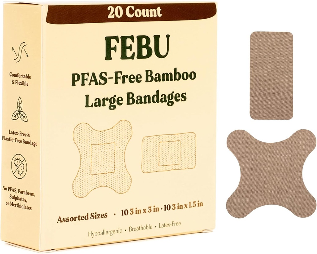 FEBU Eco- Friendly Velké Bamboo bandáže CLAS124; PFAS zdarma bandáže pro Scraps & Cuts CLAS124; Flexibilní Fabric bandáž CLAS124; Plně kompostovatelné, Latex zdarma bandáže CLAS124; 20 Počet velkých