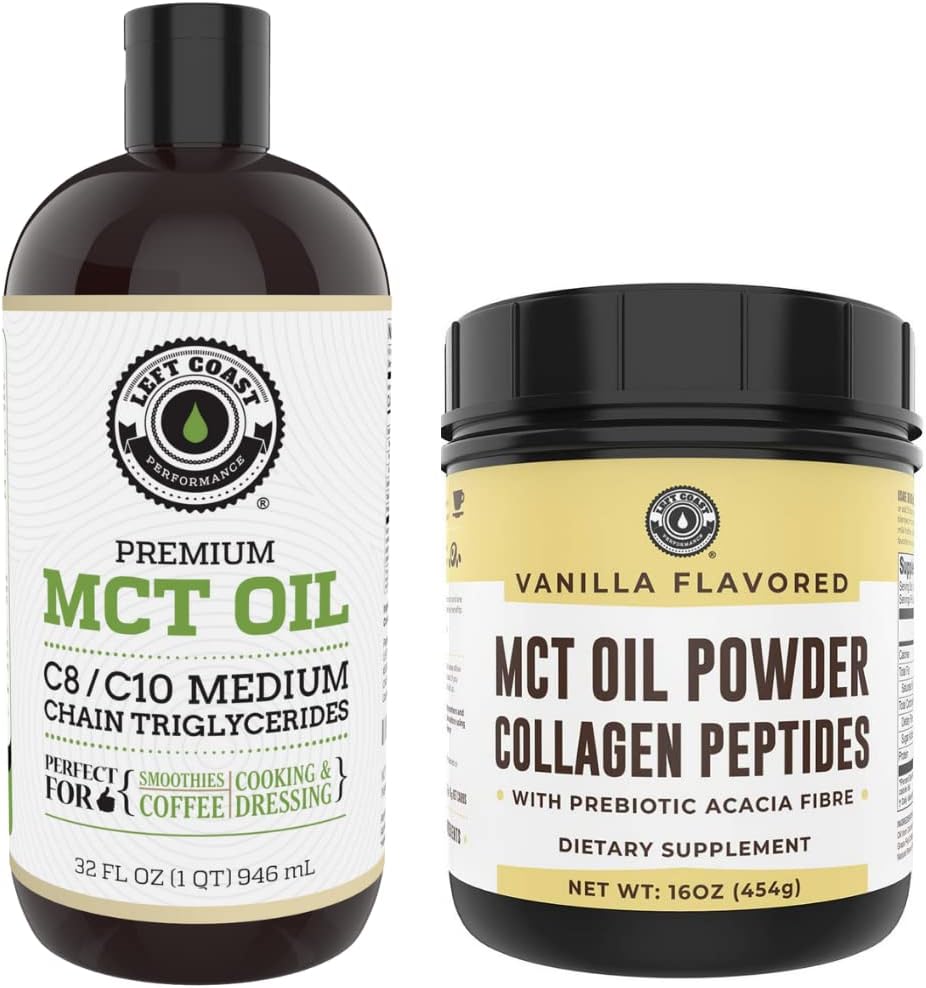 Výkon levého pobřeží 32oz Premium MCT Oil a 16oz Vanilla MCT + Collagen Powder