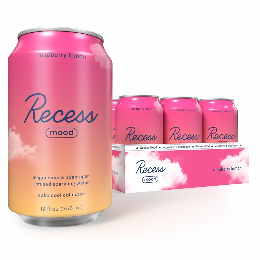 Recess Mood Magnesium & Adaptogen nápoj, uklidňující relaxační nápoje, 12 unce (Malina Lemon, 12 balení)