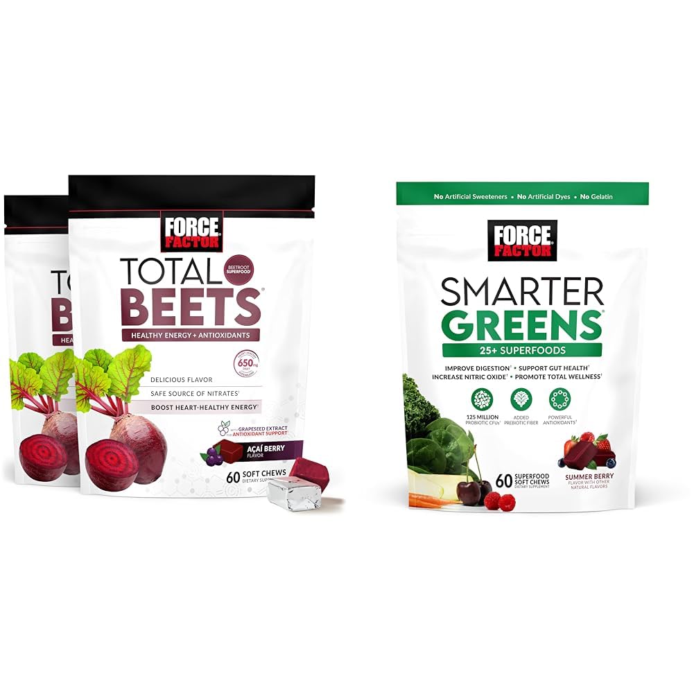 Force Factor Total Beets Soft Chews with Beetroot, Grapeseed Extract, Antioxidants, Nitráty, L-Citrulin, 120 Count, 2-Pack and Smarter Green Chews with 25 + Superfood, Probiotics, Antioxidants, and Fiber, 60 Count