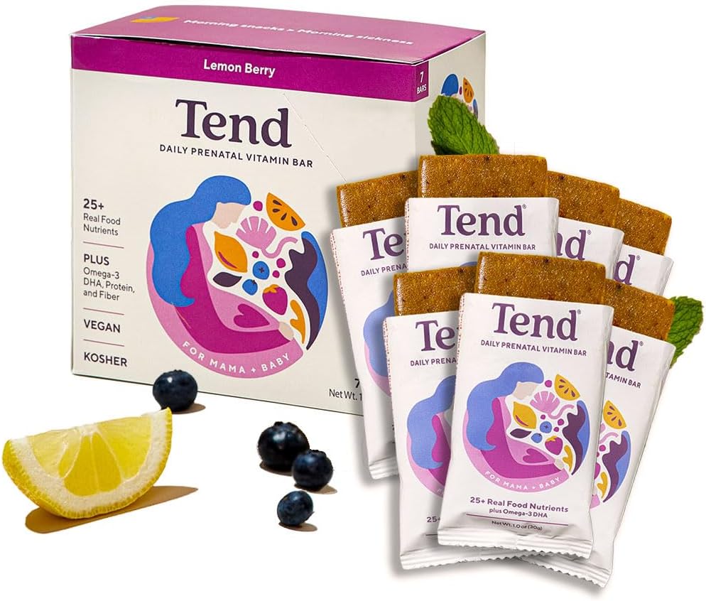 Tend Daily Nejlepší Prenatal vitamin Bar, Vyrobeno s organickými složkami pro těhotné a poporodní matky, Zahrnuje DHA, Vitamin D, B, Cholin, Folát - Lemon Berry (7ct)
