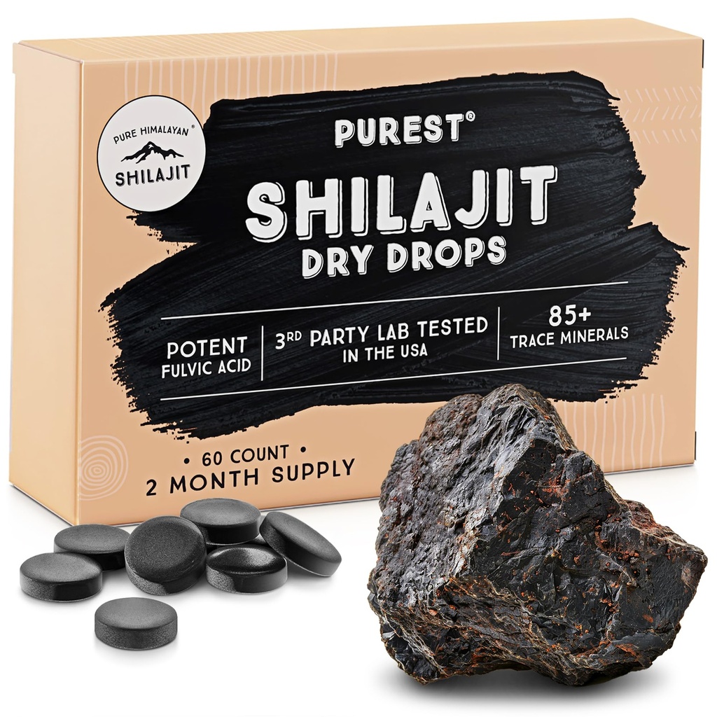 Čisté Himalájské Shilajit Dry Drops, 100% čisté přírodní Shilajit, stupeň A, Max Potency 85 + čisté stopové minerály & Fulvic Acid for Energy, Metabolismus & Imunitation Supplement for Men & Women (60 karet)
