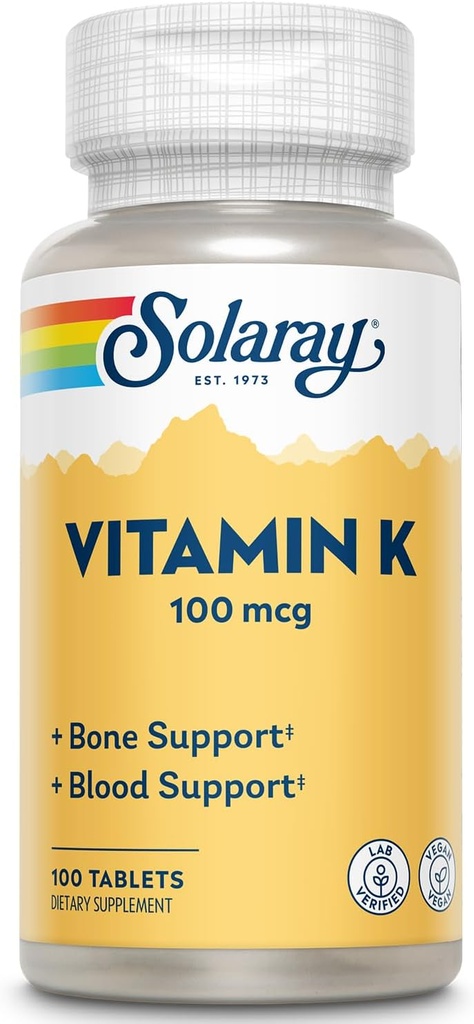 SOLARAY vitamín K-1 100mcg vitamin 124; Zdravá struktura kostí, Krevní klíčení, Syntéza proteinů Podpora vitaminu 124; Non- GMO, Vegan & Lab ověřený vitamin 124; 100 tablet