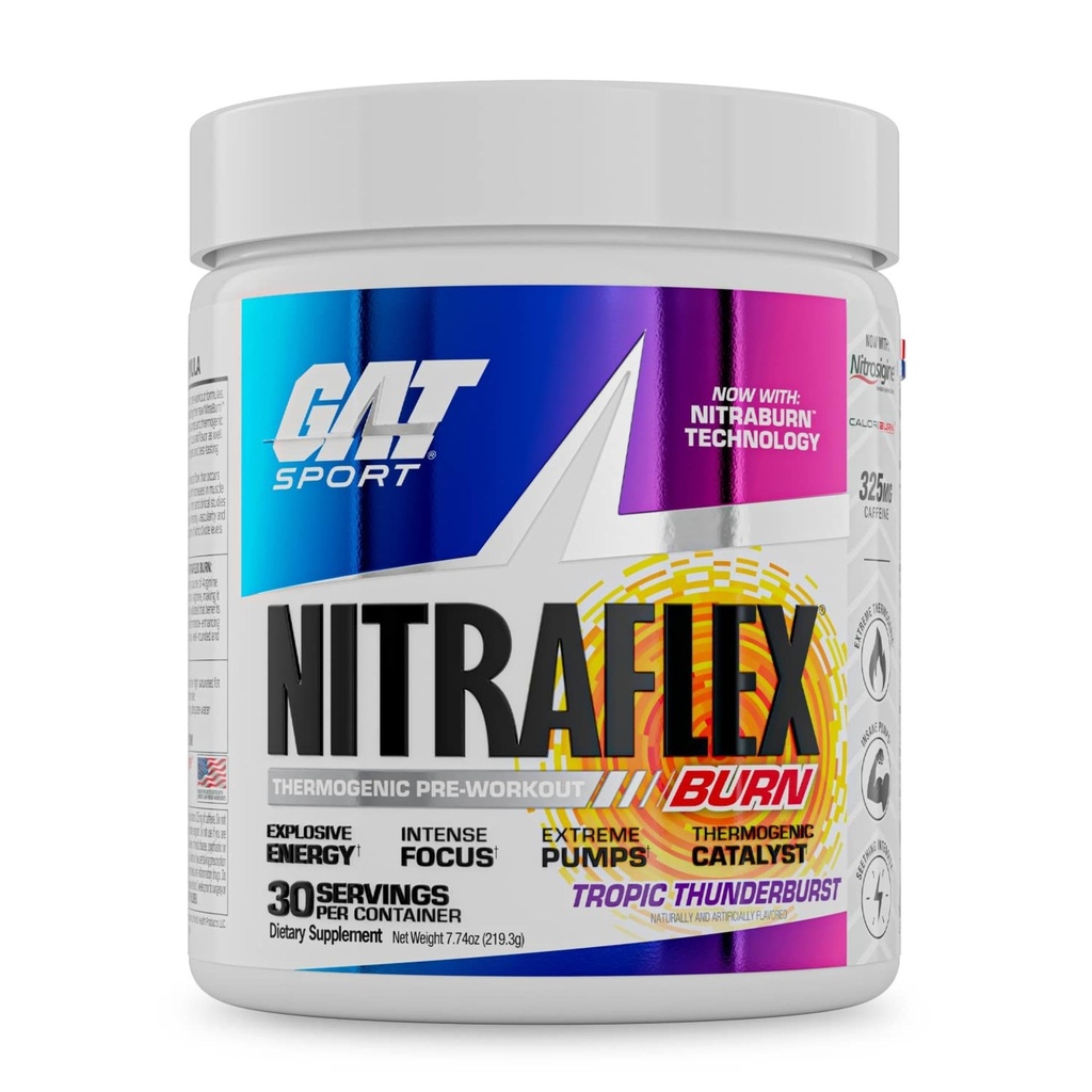 GAT SPORT NITRAFLEX Burn, Pre Workout Termogenní prášek, Tropic Thunderburst, 30 Služeb