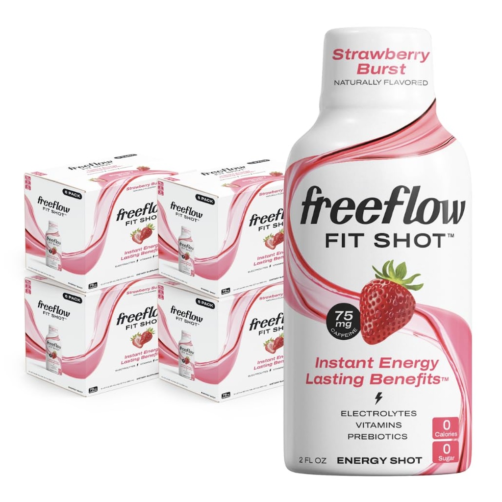 Freeflow Fit Energy Shots, Strawberry Burst, Natural Caffeine Boost s L- theanine, Ginseng, Vitamíny, Prebiotika, Elektrolyty (24 Počet, 2oz Shots)