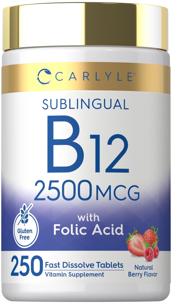 Carlyle vitamin B12 sublingvální 2500 mcg CLAS124; 250 Fast Disolution Tablet CLAS124; Kyanokobalamin dodatek s kyselinou listovou pro dospělé CLAS124; Natural Berry Flavor CLAS124; Vegetarian, Non- GMO, a gluten zdarma