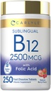 Carlyle vitamin B12 sublingvální 2500 mcg CLAS124; 250 Fast Disolution Tablet CLAS124; Kyanokobalamin dodatek s kyselinou listovou pro dospělé CLAS124; Natural Berry Flavor CLAS124; Vegetarian, Non- GMO, a gluten zdarma