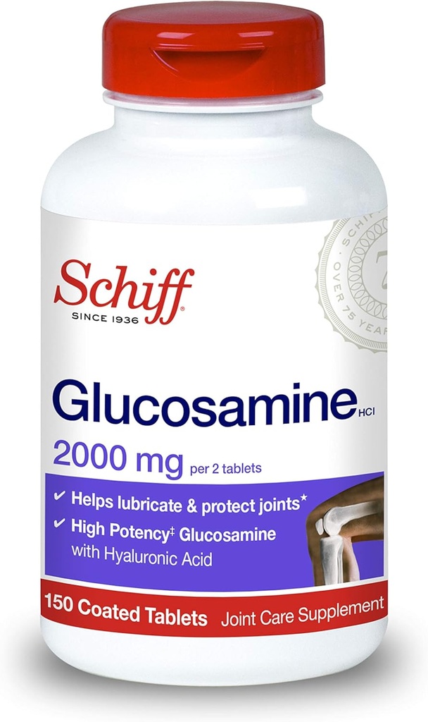 Schiff Glucosamine 2000mg (per Serving) + Hyaluronic kyselé tablety (150 Počet v láhvi), doplněk společné péče, který pomáhá podporovat společnou mobilitu a pružnost, podporuje strukturu chrupavky