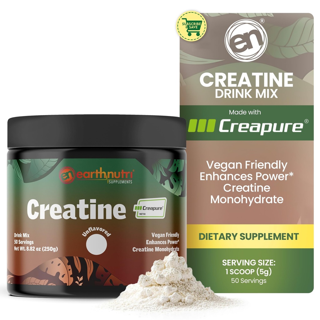 EarthNutri Creatin Monohydrát Powder - Čisté Creatine dodatek pro svalovou sílu, sílu a výkon - Non- GMO, Sugar- Free, Additive- Free - pro muže a ženy, bez příchutí 250g