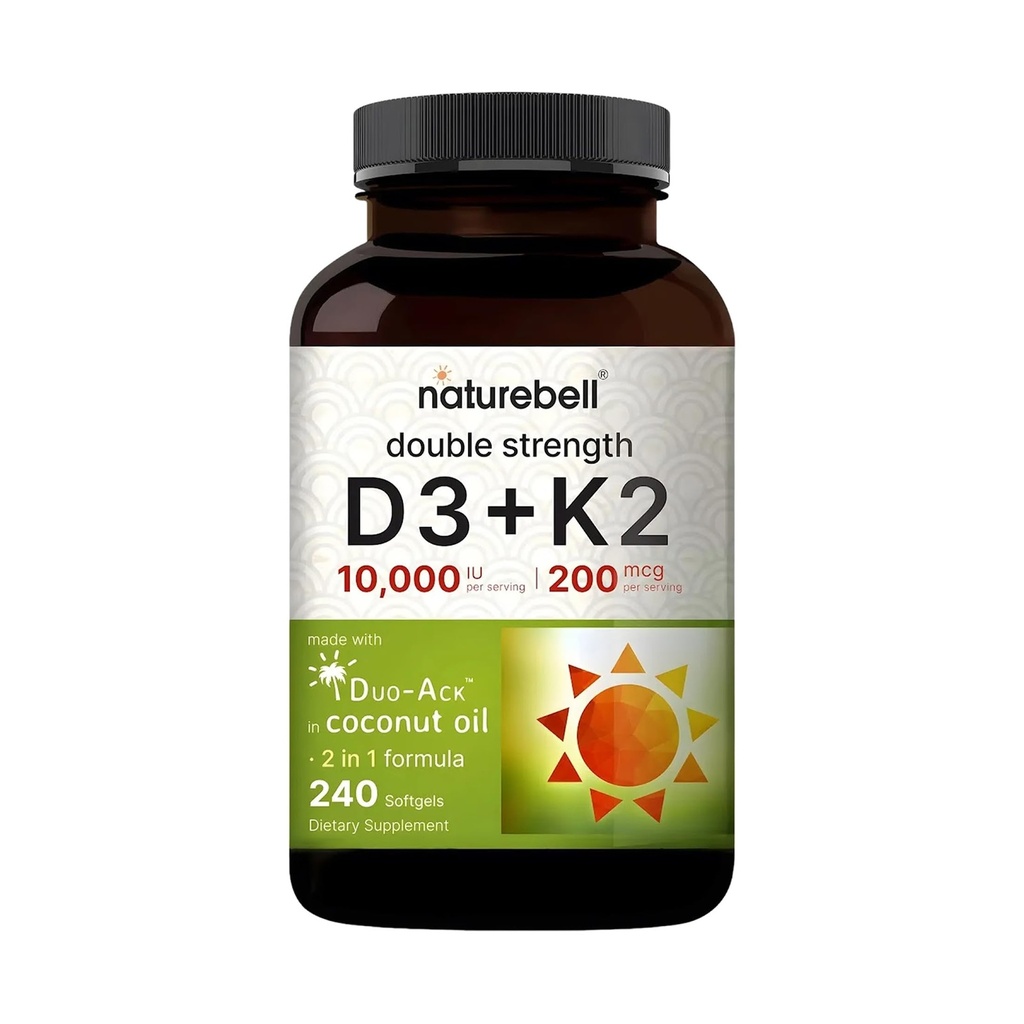 NatureBell Vitamin Double Strength D3 + K2-240 Softgels - 10000 IU vitaminu D & 200mcg K2 - Síla kostí, imunitní funkce a absorpční podpora vápníku * - Kokosový olej Infuzní