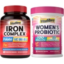 Železný doplněk pro ženy a muže, s vitaminy C, B6, B12 & Folate + Vitalibre Ženské Probiotika 100 miliard CFU, 15 Strains, w / Prebiotic, Cranberry, Vitamin B6 & VC,