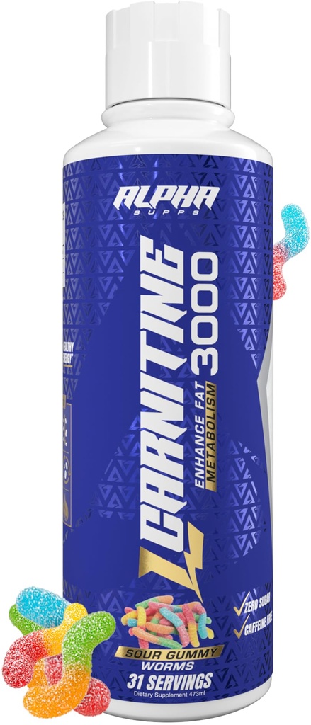 Alpha Supps L Carnitin Liquid 3000 CZ124; Stimulant- Free L-Carnitin dodatek pro muže a ženy CZ124; Pre- Workout Energy Boost & Muscle Recovery CZ124; Nulový cukr, tuk, & Karbs CZ124; 31 Servings (Sour Gummy Worms)