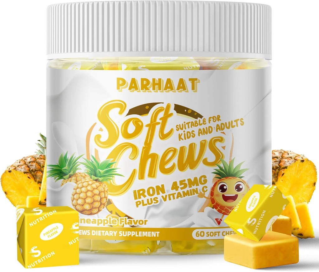 Železo měkké žvýkací dodatek s vitaminem C 124; Ananas ochucený CLAS124; gluten zdarma CLAS124; Železný dodatek pro ženy muži a děti CLAS124; 60 Počet CLAS124; 2 Měsíční dodávky