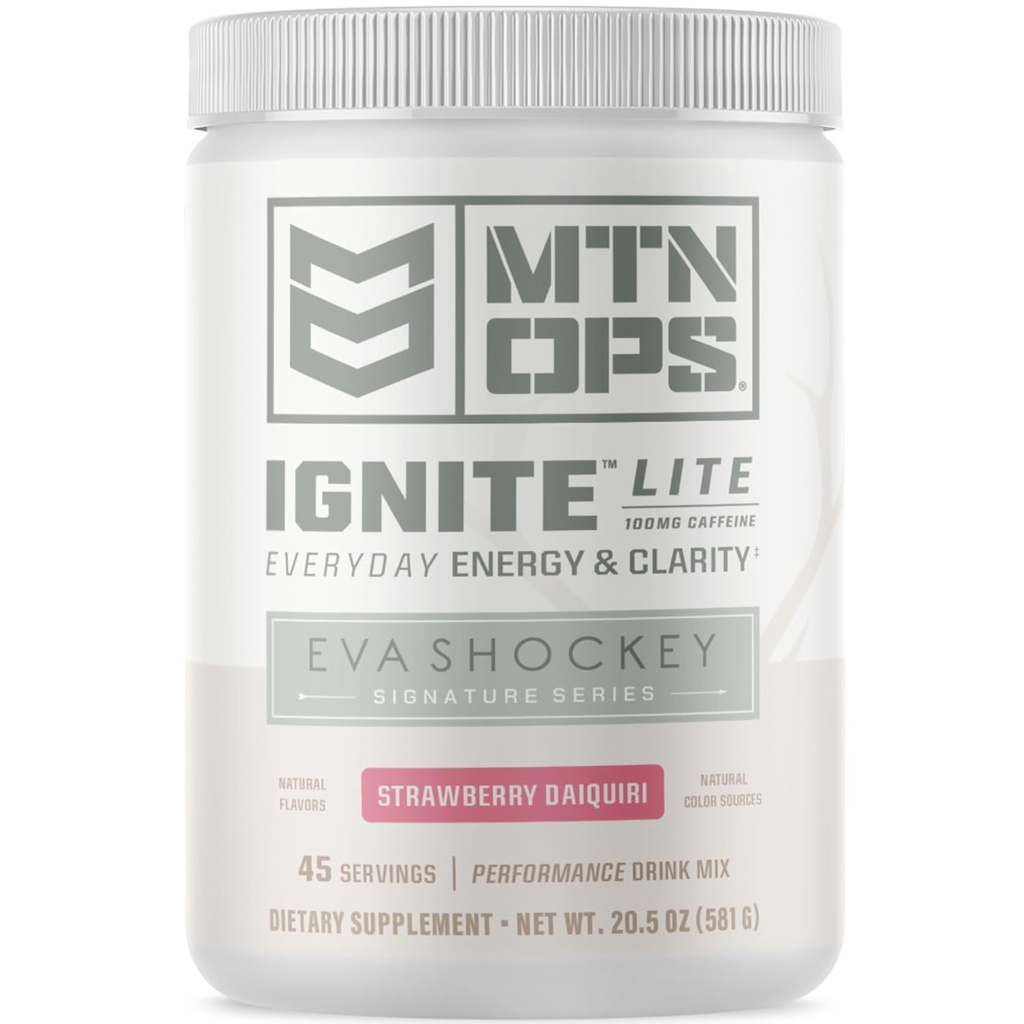 MTN OPS Ignite Lite Energy Drink Powder Gluten Free Nitric Oxide Supplement Drink Mix, L Arginine, L Citrulline, Kofein & Nootropic Sugar Free Drink Mix, 45 Servings, Strawberry Daiquiri Flavor od Evy Shockey