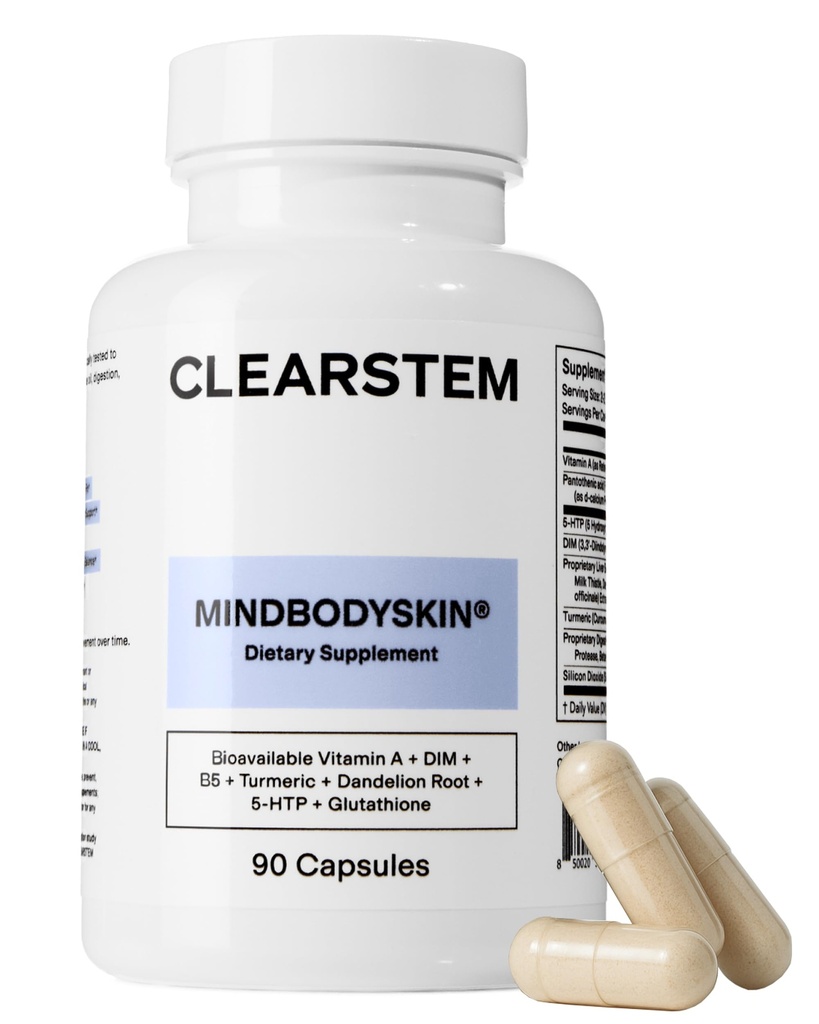 CLEARSTEM - MINDBODYSKIN Hormonální Acne dodatek (5-HTP) - Přírodní DIM dodatek - Péče o pleť Vitaminy - Hormon Balance, Antioxidanty - Lepidla zdarma, Krutost zdarma - 30 Služební, 90 Kapsle