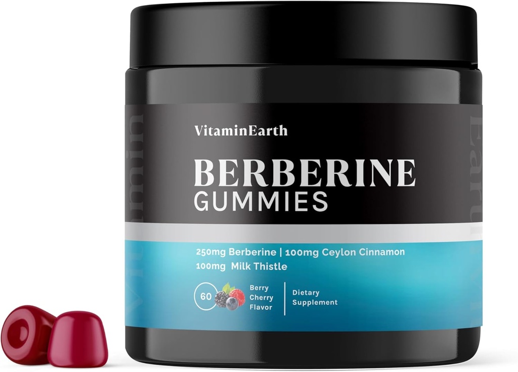 Berberine Gummies with Berberine HCL, Ceylon Cinnamon & Milk Thistle for Imunitary and Metabolism Support - Berry Cherry Flavor - 60 Count
