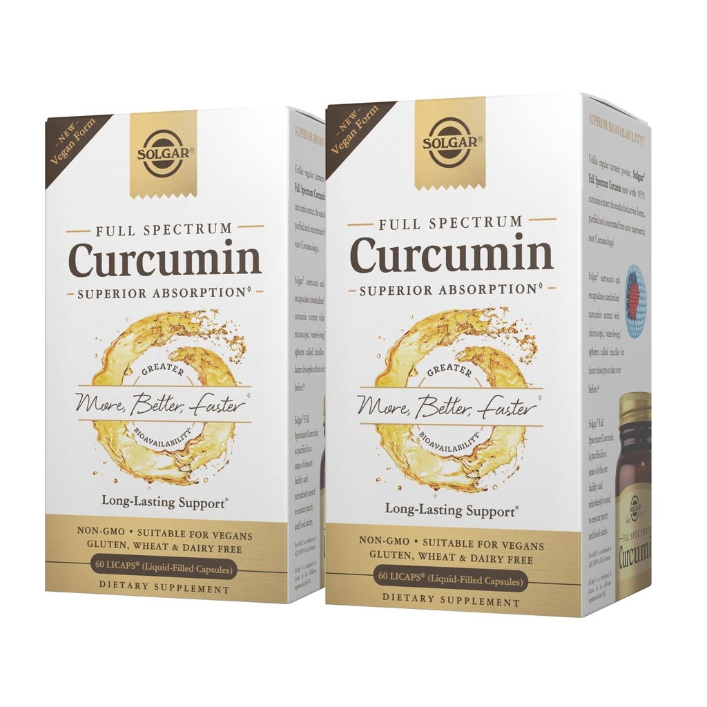 Solgar Full Spectrum Curcumin - 60 LiCaps, Pack of 2 - Superior Absorpce - Brain, Joint & Imunitary Health - Non- GMO, Vegan, Gluten Free, Dairy Free - 120 Total Servings