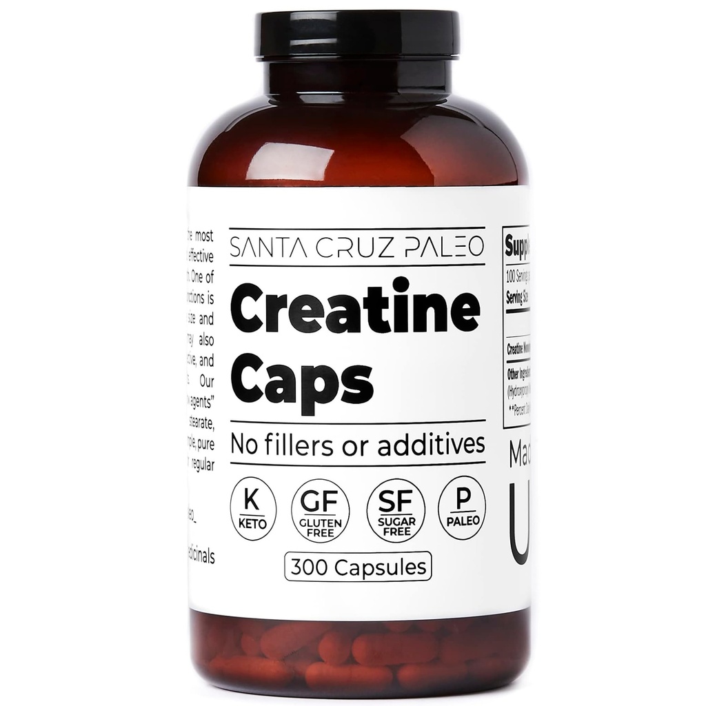 Santa Cruz Paleo Creatine Kapsle, Podporuje růst svalů a energie, gluten zdarma, Keto, Cukr zdarma, Paleo, No Fillers nebo přísady, Creatine Monohydrát pilulky, 2500mg, 100 Služební, 300 Kapsle