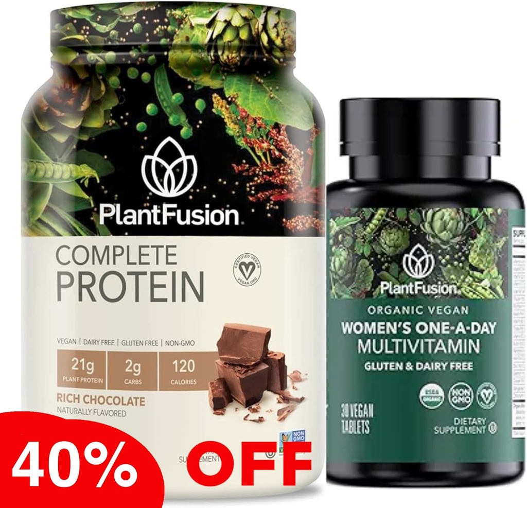 PlantFusion Protein Powder & Organic Women 's Multivitamine Bundle - 21g Plant- based Protein with BCAA, Clean Ingredients, & Delicious Flavor Plus 19 Essential Vitamins for Energy, Immunity & Heart Hea
