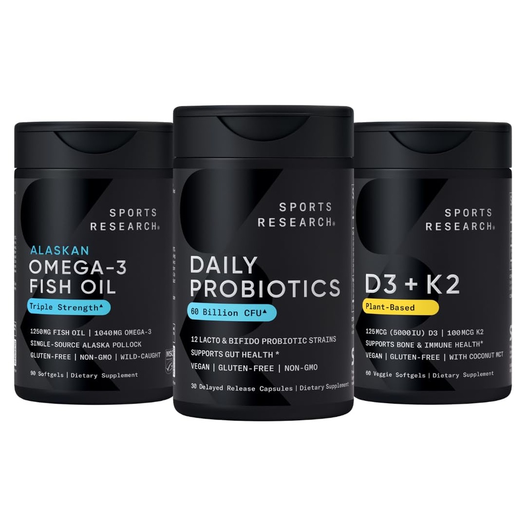 Sports Research Wild Alaskan Pollock Omega 3 Fish Oil 90 Softgels (1250 mg) + Vegan Probiotics with Prebiotics, 60 miliard CFU (30 Softgels) + 5000 IU vitaminu D + 100mcg Mk7 Vitamin K (60 Softgels)