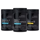 Sports Research Wild Alaskan Pollock Omega 3 Fish Oil 90 Softgels (1250 mg) + Vegan Probiotics with Prebiotics, 60 miliard CFU (30 Softgels) + 5000 IU vitaminu D + 100mcg Mk7 Vitamin K (60 Softgels)