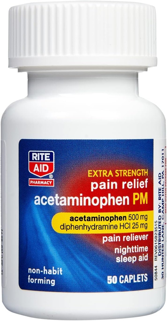 Rite Aid Extra Strength PM Pain Relief Caplet, 500mg Acetaminophen / 25mg Difenhydramin - 50 Count CLAS124; Nighttime PM Pain Reliever + Sleep Aid CLAS124; Joint Pain Relief CLAS124; Menstrual Pain Relief + PMS Relief