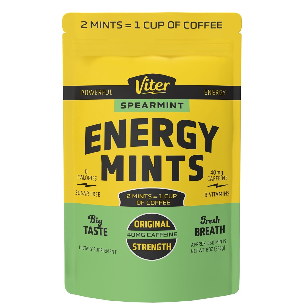 Viter Energy 40 mg Coffeine Mints - Cukr zdarma, B Vitamíny, Vegan, Zvyšuje rychlé energetické upozornění zaměření, Caffeinated Nootropní dodatek pilulky (Spearmint Flavor, 8oz, Bulk Bag)